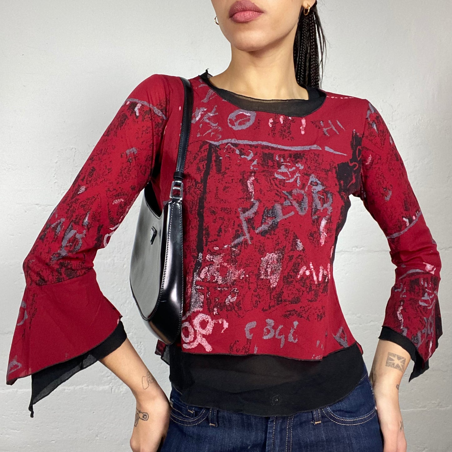 Vintage 90's Archive Red Longsleeve Top with Artsy Print Detail (S)