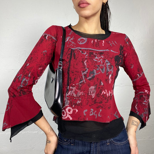 Vintage 90's Archive Red Longsleeve Top with Artsy Print Detail (S)