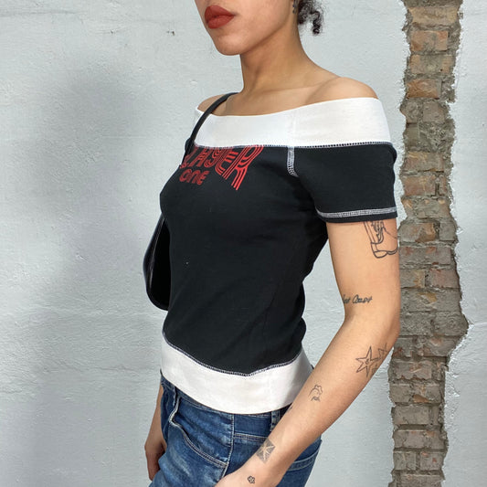 Vintage 90's Streetstyle Balck and White Off Shoulder Top with Red Print (S/M)