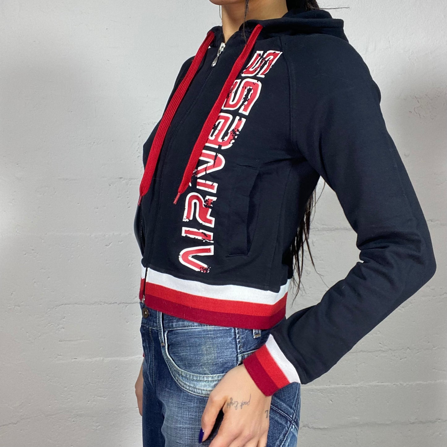 Vintage 2000's Airness College Girl Navy Blue Zip Up Sweater with Red Print (S/M)