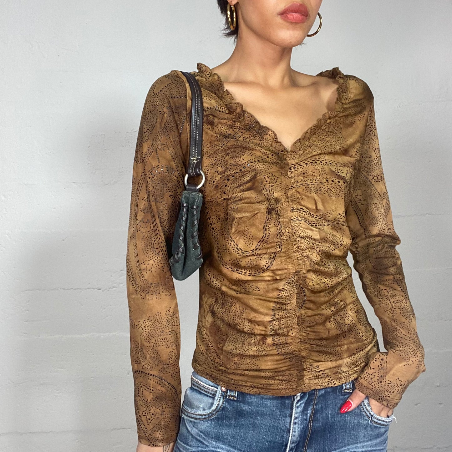 Vintage 90's Cow-Girl Brown Longsleeve Blouse with Pointillism Print and Frilled Neckline (M)