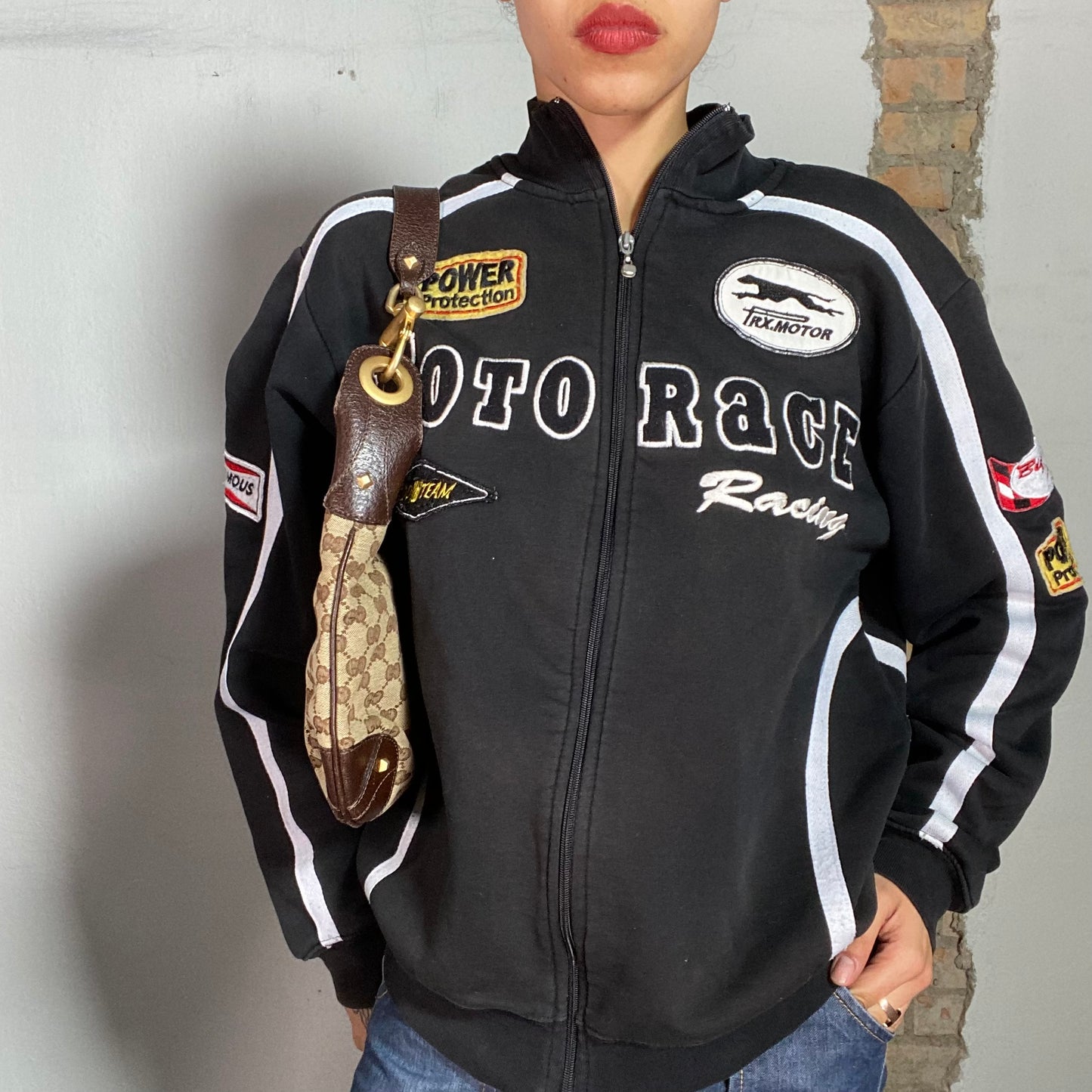 Vintage 90's Racer Black Zip Up Sweater with Patches (L)