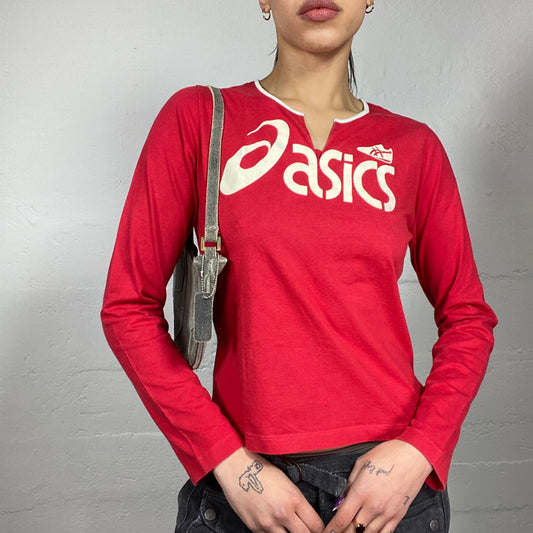 Vintage 2000's Asics Sporty Girl Red Longsleeve Top with White Brand Print Detail (M)