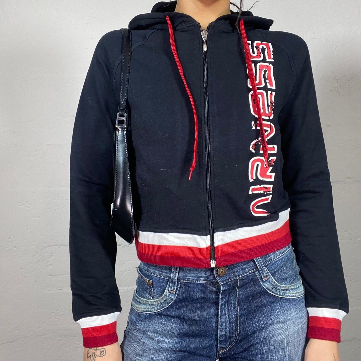 Vintage 2000's Airness College Girl Navy Blue Zip Up Sweater with Red Print (S/M)