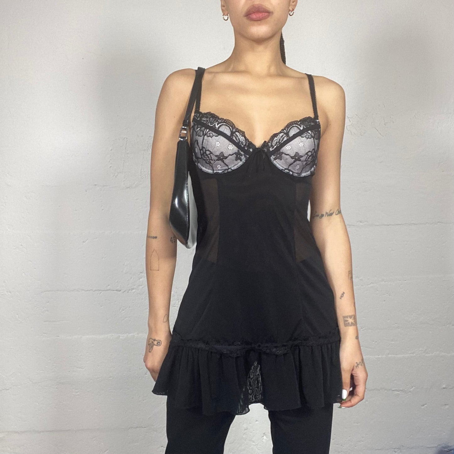 Vintage 90's Lingerie Black Mesh Long Slip Top with Lace Chest Cover (S)