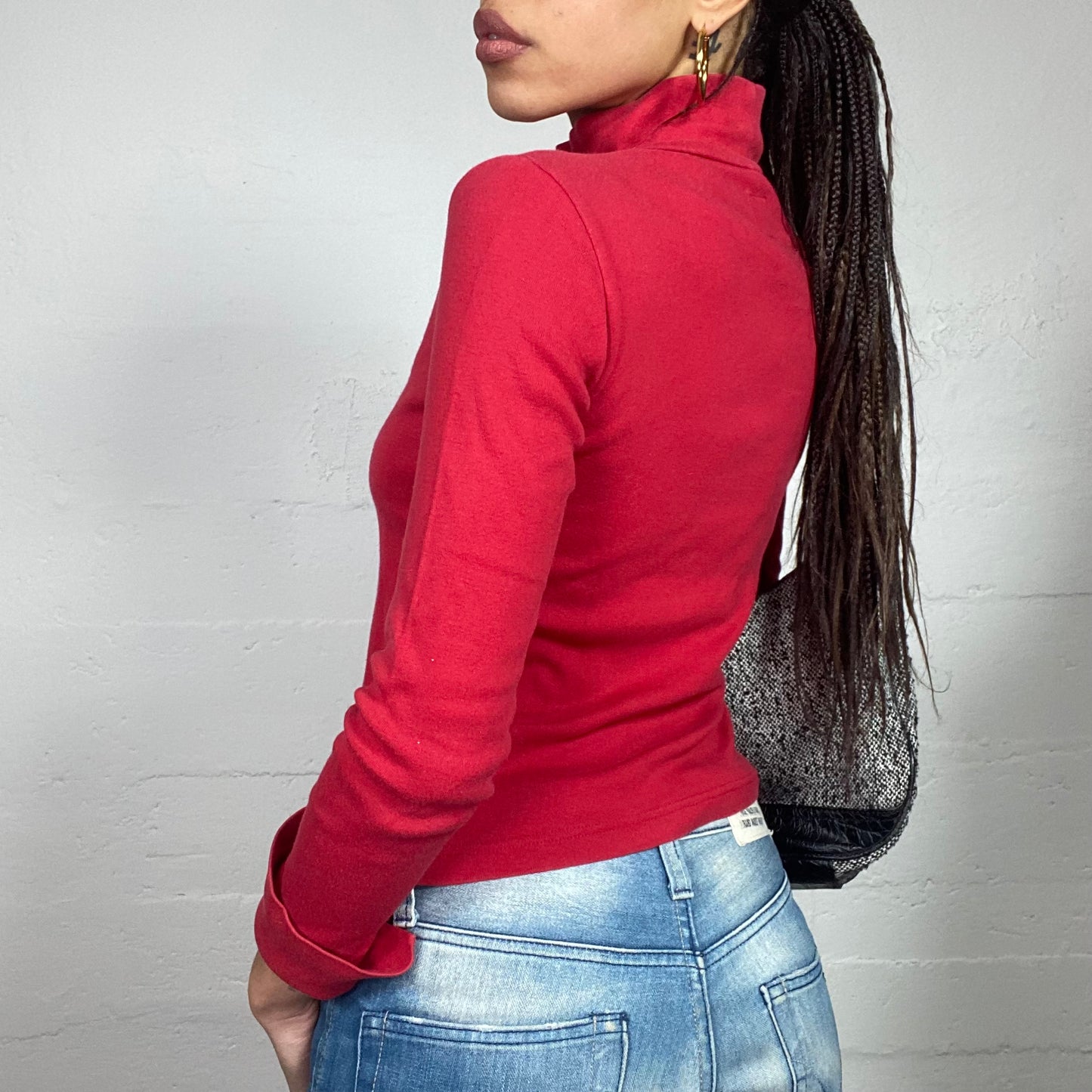 Vintage 2000's Miss Sixty College Girl Red Highneck Longsleeve Top with White Brand Print (S)