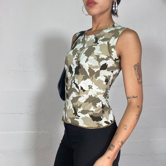 Vintage 90's Rave Khaki Top with Camouflage Print (S)