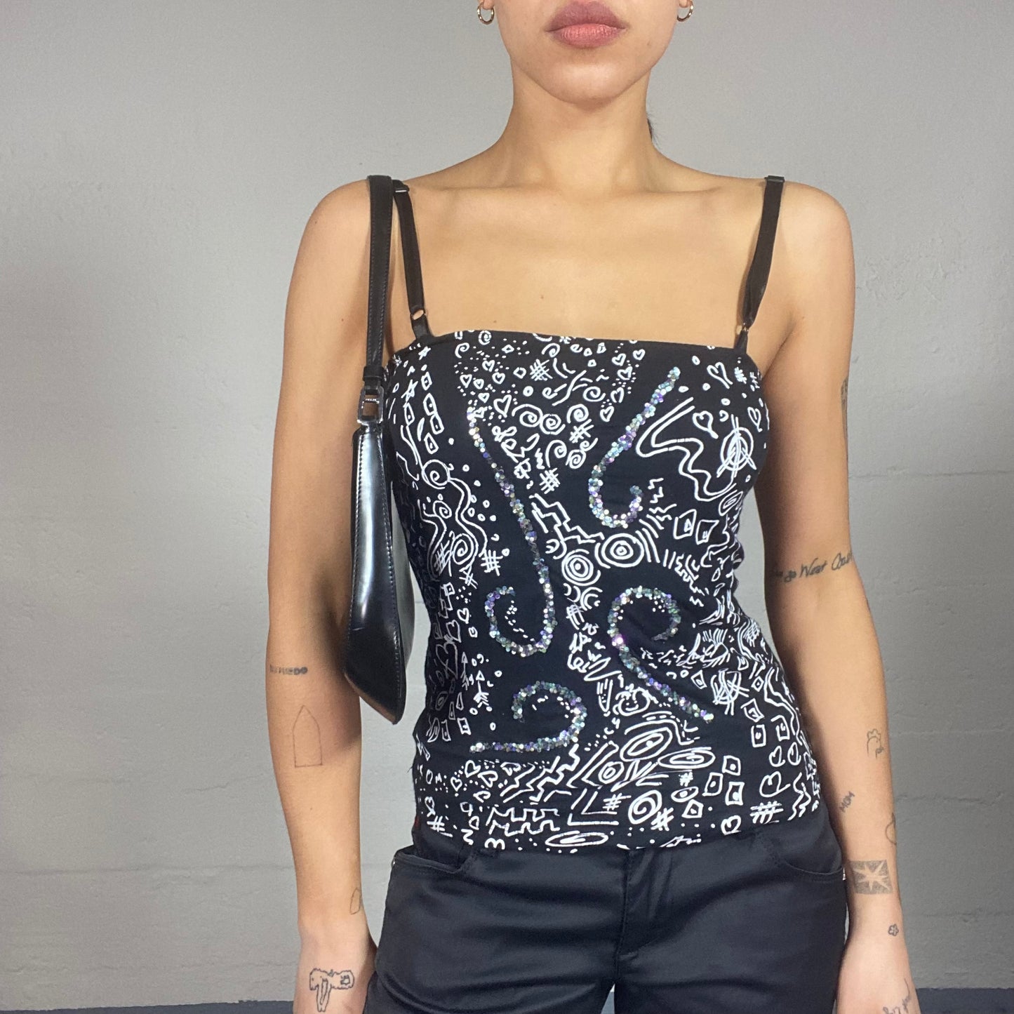 Vintage 90's Funky Black Tank Top with Rhinestones and Icons Print (S)