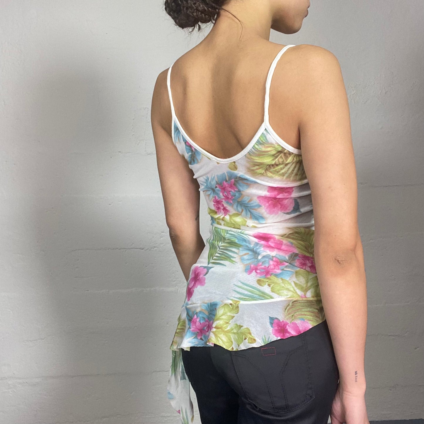Vintage 2000's Festive White Top with Colourful Maxi Floral Print (S)