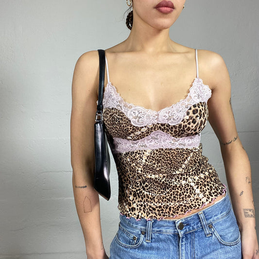 Vintage 90's Mob Wife Brown Cheetah Top with Pink Lace Trim Detail (S)