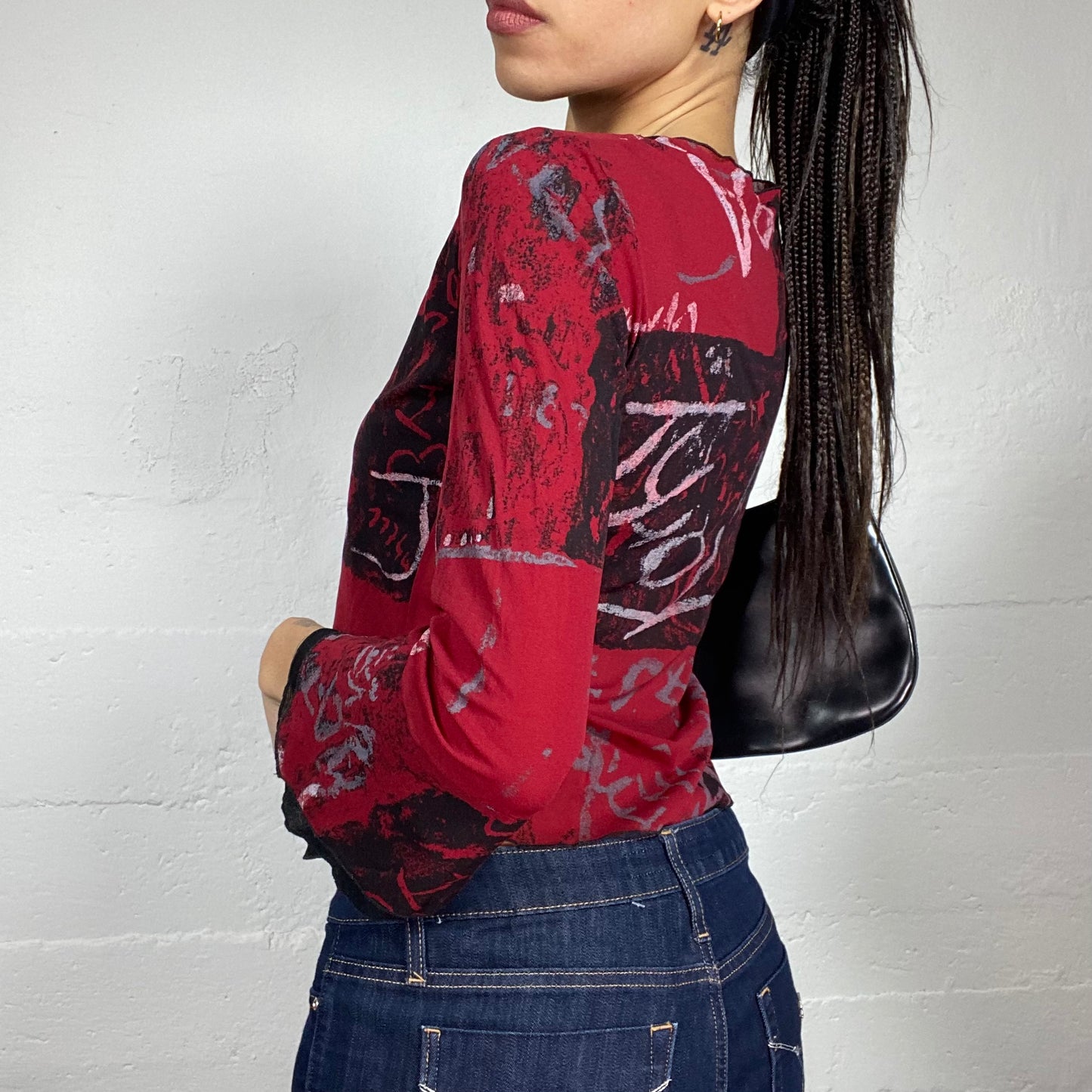 Vintage 90's Archive Red Longsleeve Top with Artsy Print Detail (S)