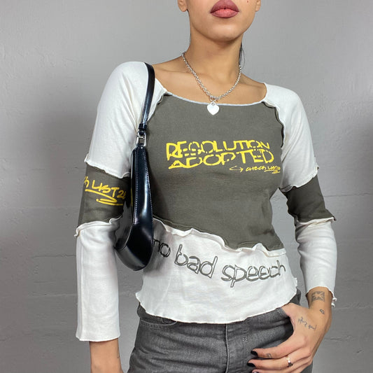 Vintage 2000's Rave Khaki Long Sleeve Top with Yellow Print Detail (S)
