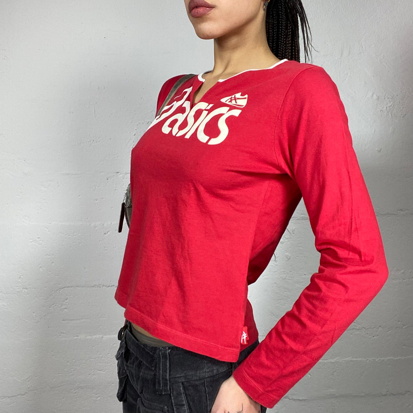 Vintage 2000's Asics Sporty Girl Red Longsleeve Top with White Brand Print Detail (M)