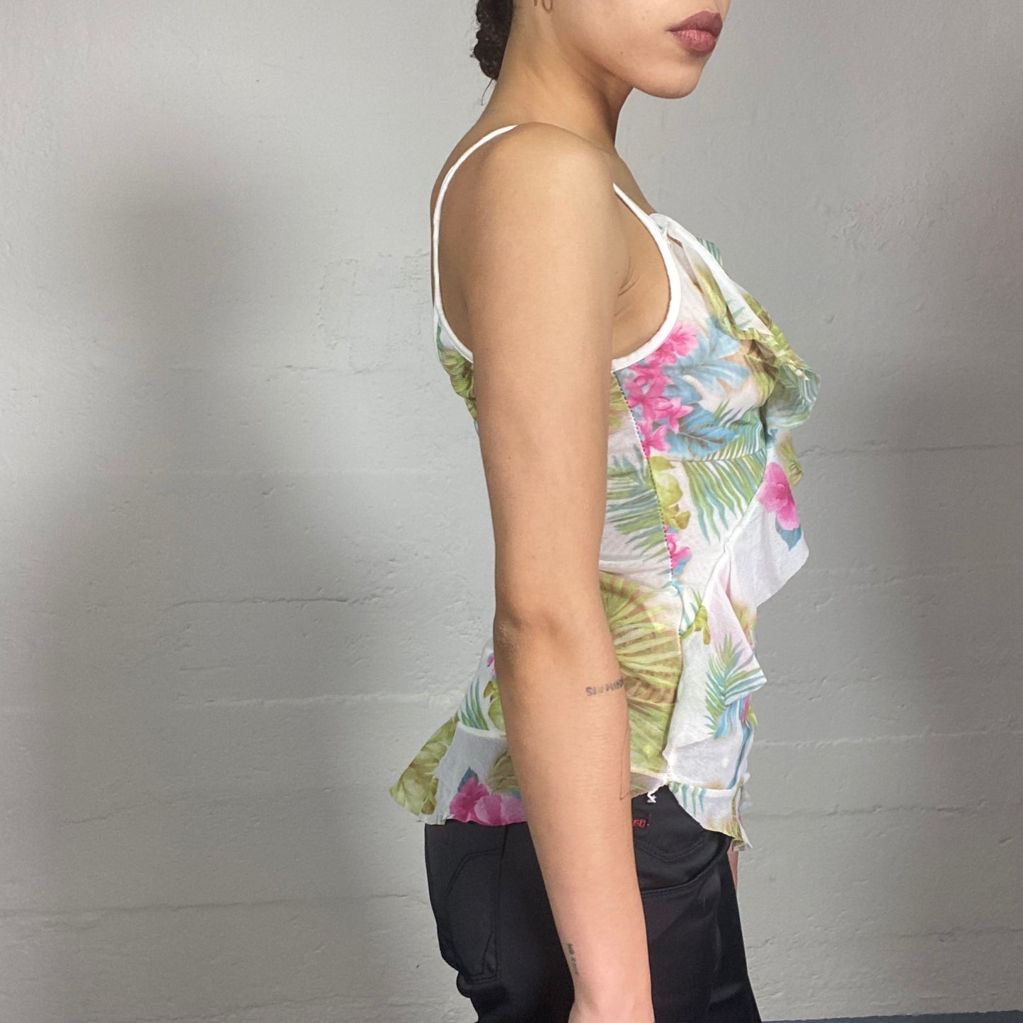 Vintage 2000's Festive White Top with Colourful Maxi Floral Print (S)