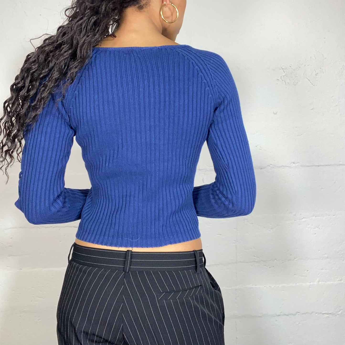 Vintage 2000's Electric Blue V-Neck Pullover with Lace Up Longsleeve Detail (S)