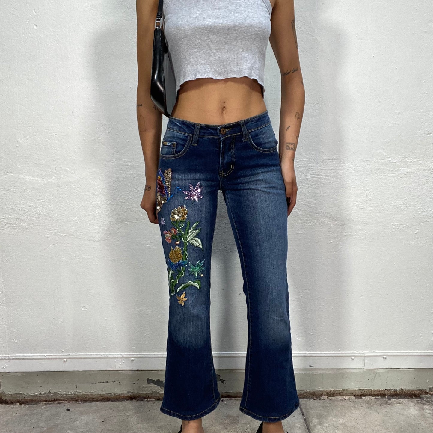 Vintage 2000's Downtown Girl Dark Denim Jeans with Floral Embroidery and Sequin Details (S)