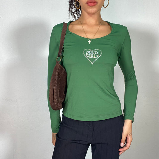Vintage 2000's Dolly Girls Heart Print Green Longsleeve Top (S/M)