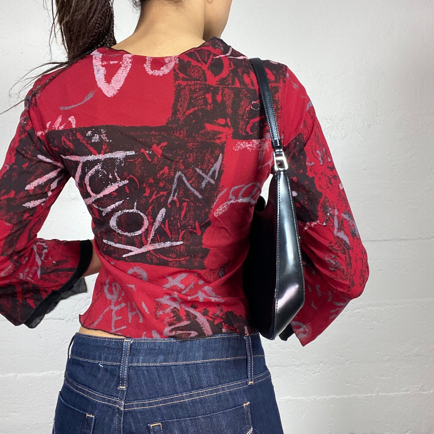 Vintage 90's Archive Red Longsleeve Top with Artsy Print Detail (S)