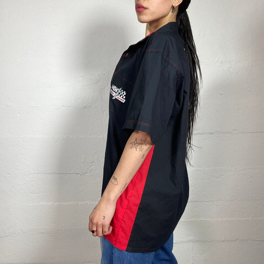 Vintage 2000's Sporty Black Bowling Button Up Shirt with Red „Motor Sport“ Embroidery Print (M)