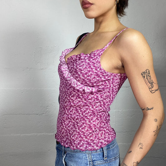 Vintage 2000's Romantic Pink Frilled Cami Top with Ditsy Floral Print (S)