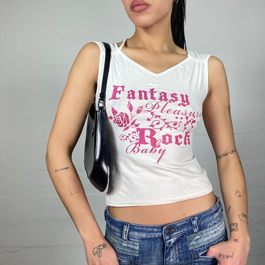 Vintage 2000's Cheetah Girl White Top with Fuchsia "Fantasy Rock Baby" Print Detail (S/M)