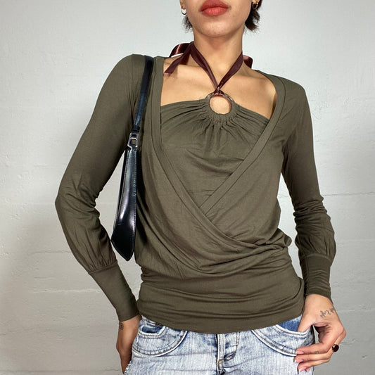 Vintage 2000's Batik Khaki Longsleeve Top with Layered Neckholder Top and Ring Detail(S)