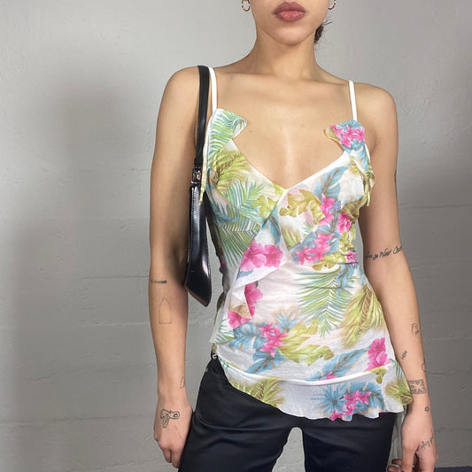 Vintage 2000's Festive White Top with Colourful Maxi Floral Print (S)