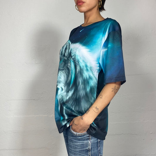 Vintage 2000's Sleaze Black Oversized Tee with Mystical Wolf Print (XL)