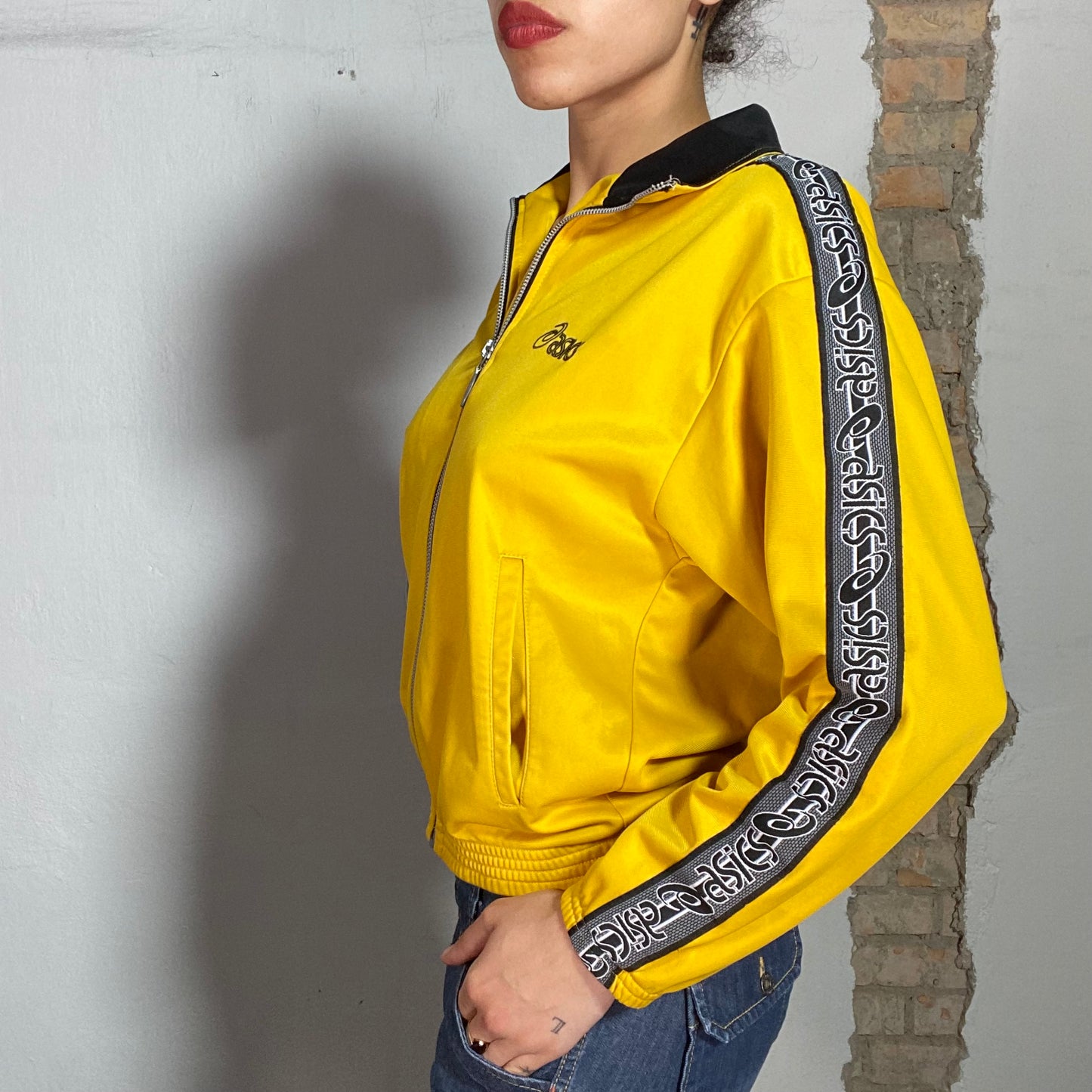 Vintage 90's Asics Yellow Zip Up Sweater with Black Details (S)