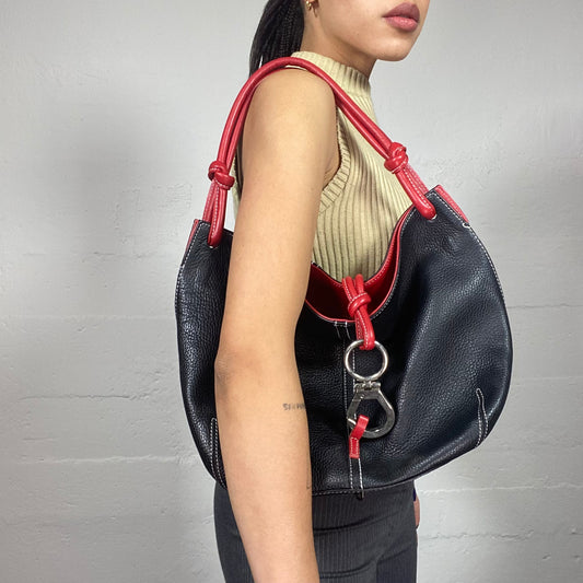Vintage 2000's Model Off Duty Black Leather Shoulder Bag with Red Straps Detail