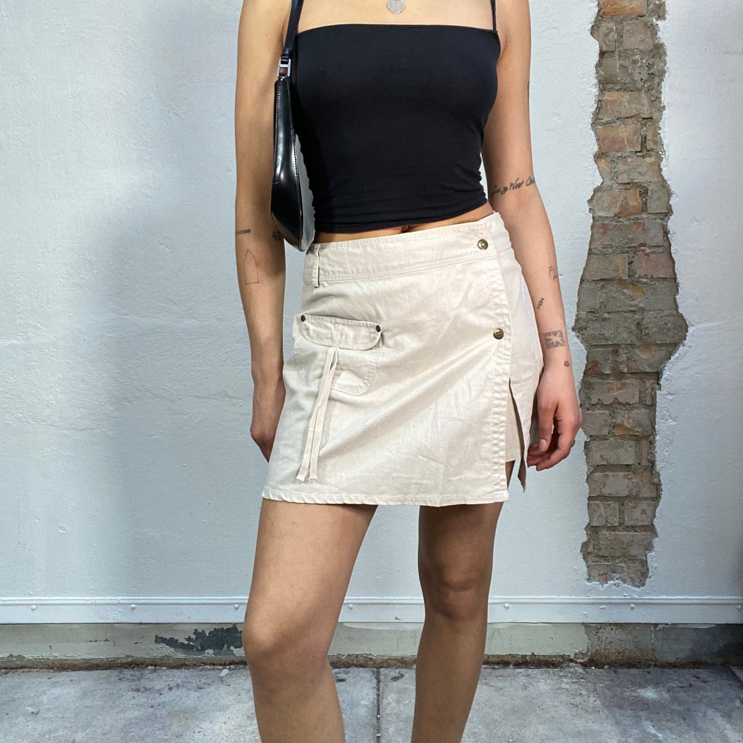 Vintage 2000's Grunge Beige Linnen Cargo Mini Skirt (S)