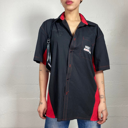 Vintage 2000's Sporty Black Bowling Button Up Shirt with Red „Motor Sport“ Embroidery Print (M)
