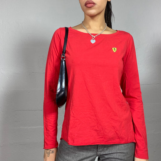 Vintage 2000's Ferrari Sporty Red Longsleeve Top with Yellow Brand Logo Detail (M)