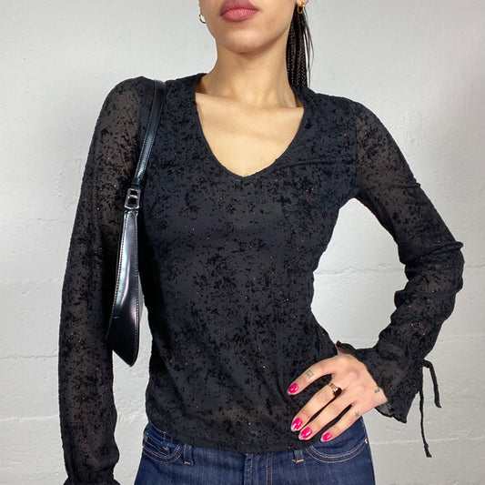 Vintage 90's Vampy Girl Black Longsleeve Blouse with Lace Up Detail (S)