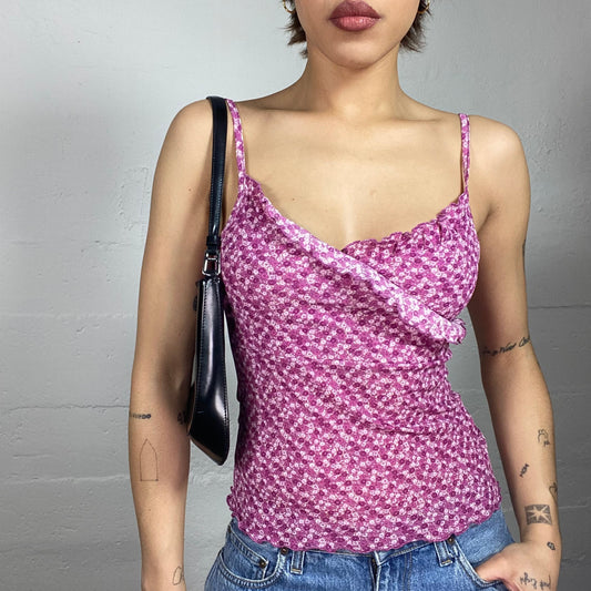 Vintage 2000's Romantic Pink Frilled Cami Top with Ditsy Floral Print (S)