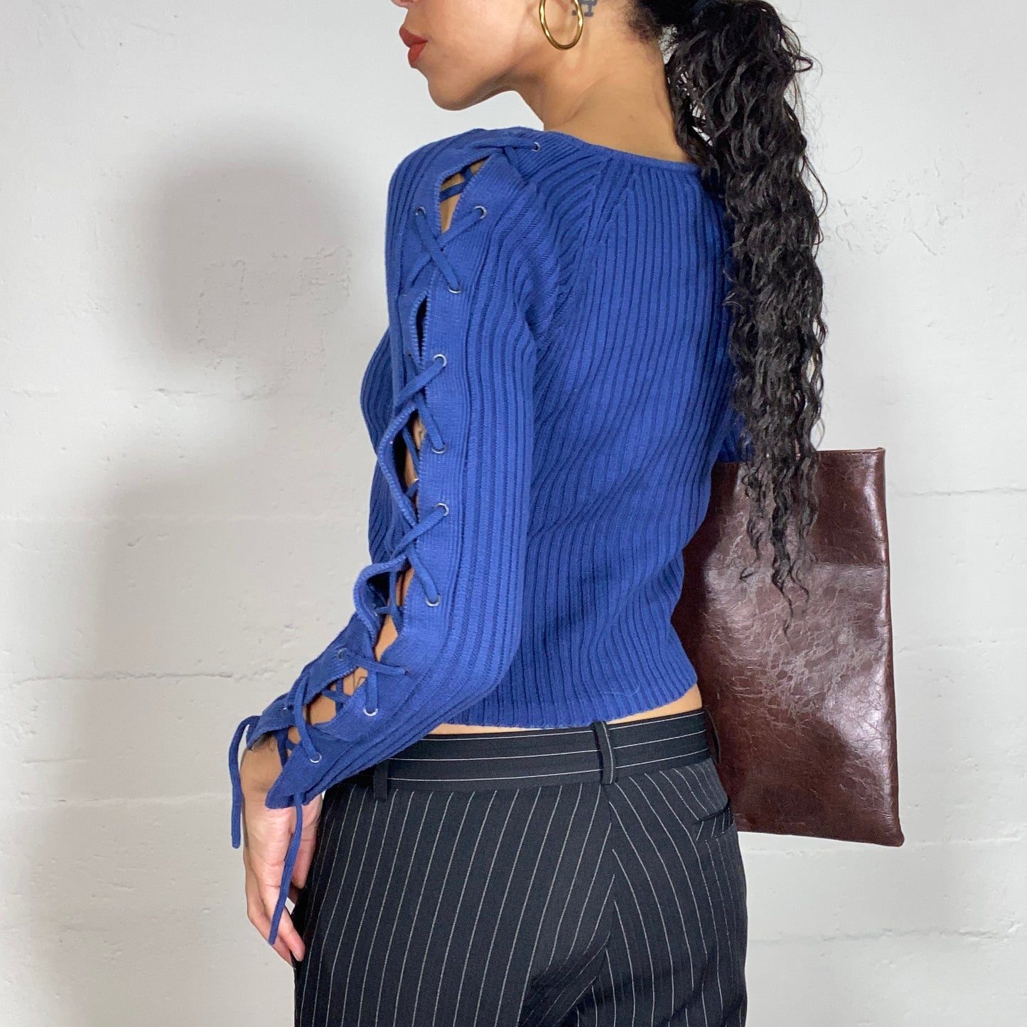 Vintage 2000's Electric Blue V-Neck Pullover with Lace Up Longsleeve Detail (S)