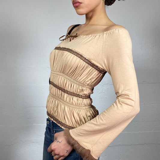 Vintage 2000's Fairy Beige Longsleeve Blouse Top with Brown Fur Trim Detail (S)