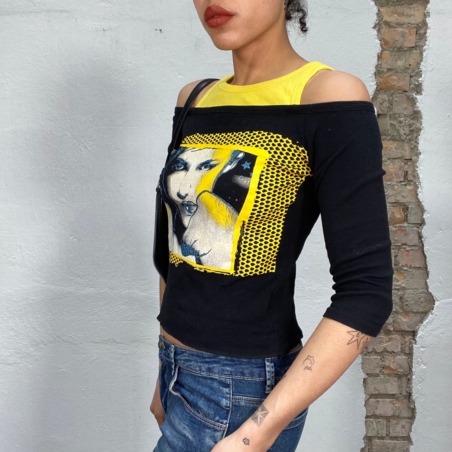 Vintage 90's Streetstyle Balck Off Shoulder Top with Yellow Print and Tank Top Detail (S/M)