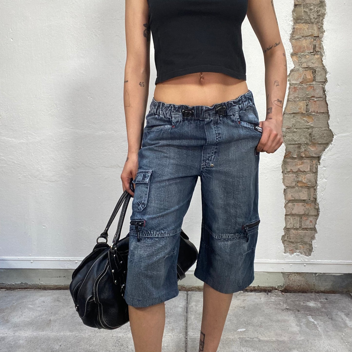 Vintage 90's Streetstyle Denim Capris with Waist Toggles (S)