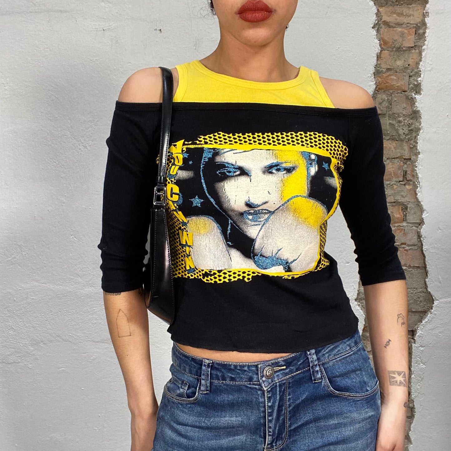 Vintage 90's Streetstyle Balck Off Shoulder Top with Yellow Print and Tank Top Detail (S/M)