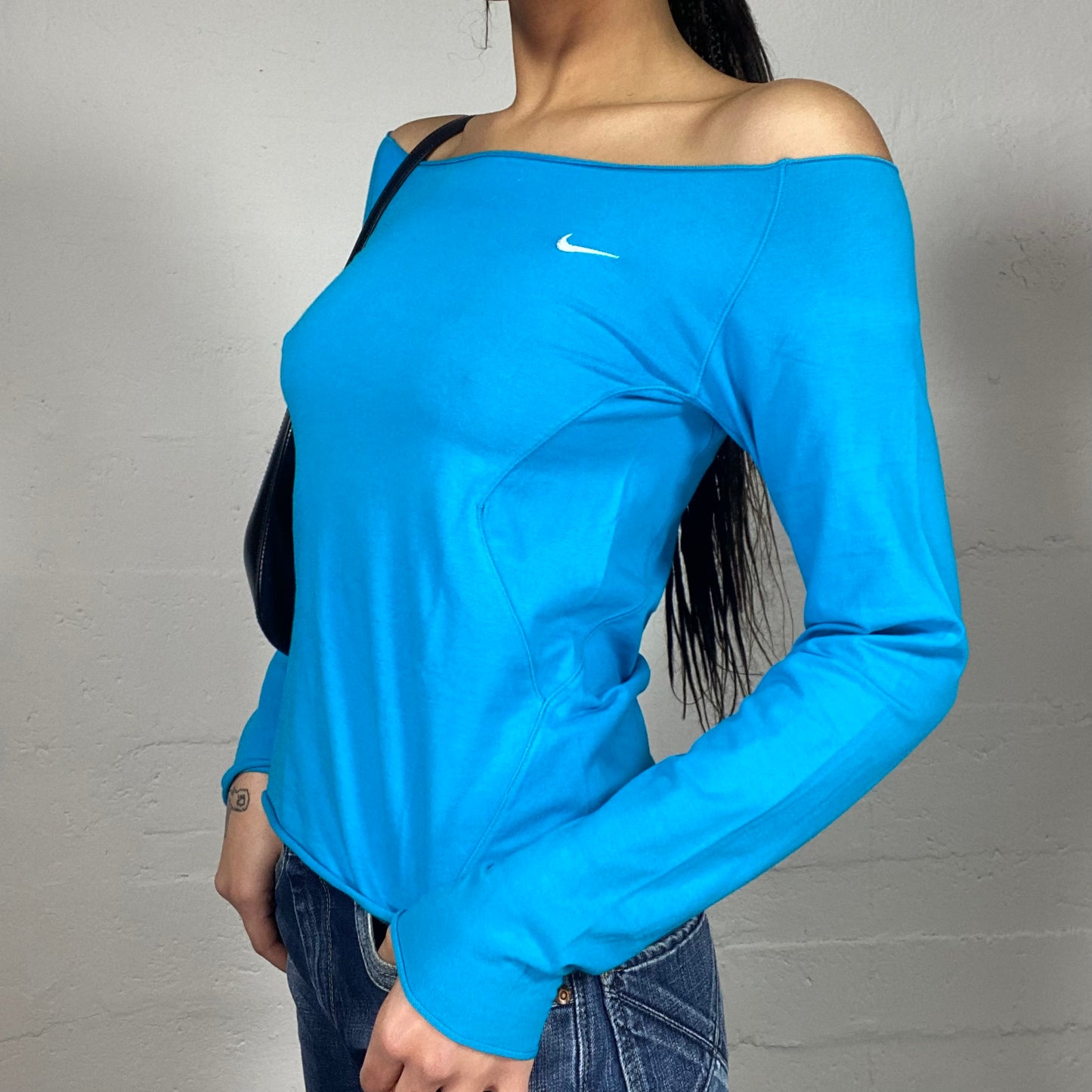 Vintage 90's Nike College Girl Aqua Blue Longsleeve Off Shoulder Top (M)