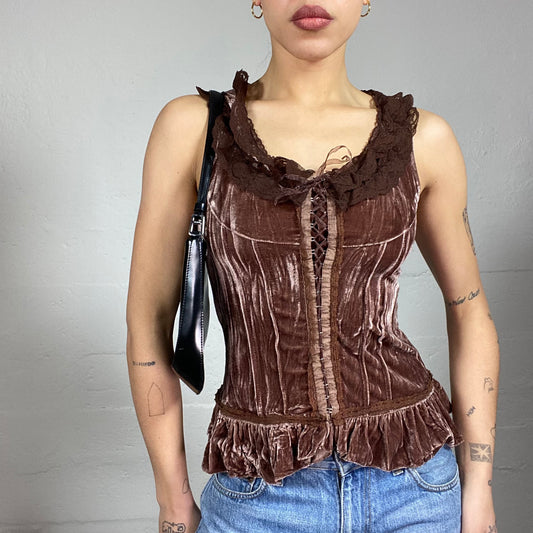 Vintage 2000's Whimsgoth Brown Corset Top with Velvet Material and Frilled Neck Collar Trim Detail (S)