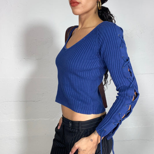 Vintage 2000's Electric Blue V-Neck Pullover with Lace Up Longsleeve Detail (S)