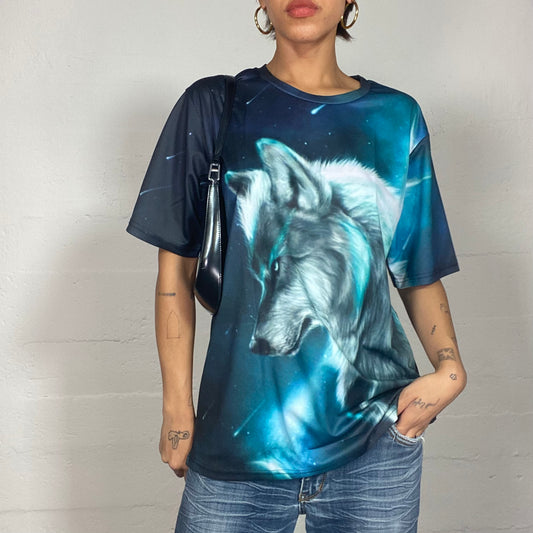 Vintage 2000's Sleaze Black Oversized Tee with Mystical Wolf Print (XL)