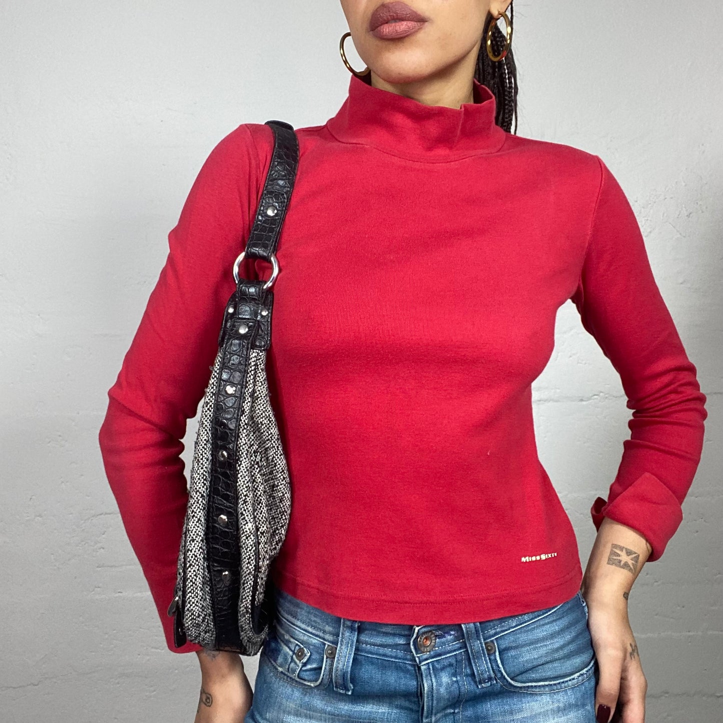 Vintage 2000's Miss Sixty College Girl Red Highneck Longsleeve Top with White Brand Print (S)