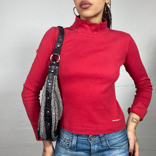 Vintage 2000's Miss Sixty College Girl Red Highneck Longsleeve Top with White Brand Print (S)