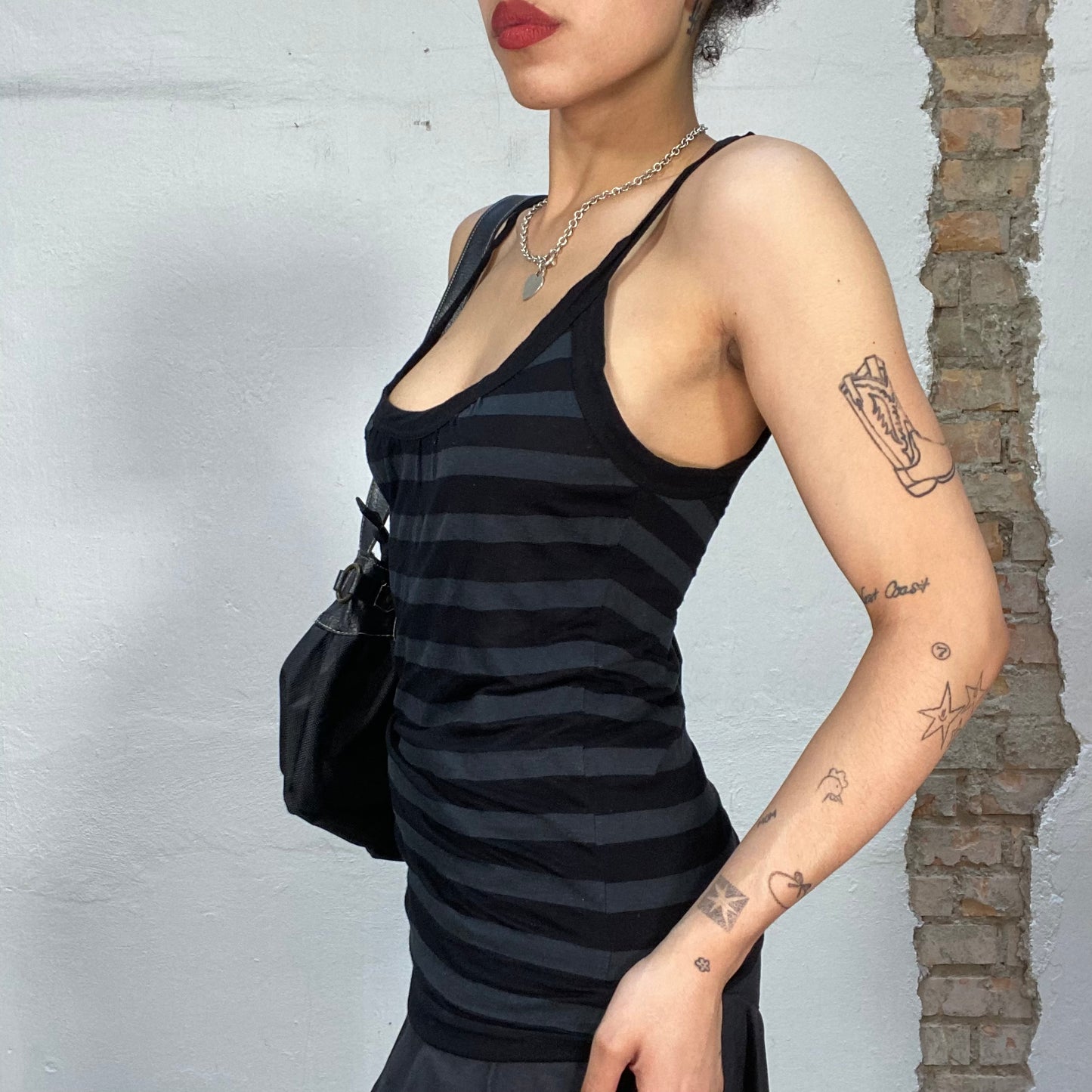 Vintage 2000's Downtown Girl Balck and Grey Striped Tank Top (S)