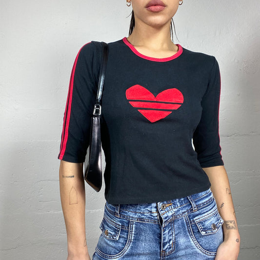 Vintage 2000's Sporty Black Longsleeve Top with Red Heart Print (S)