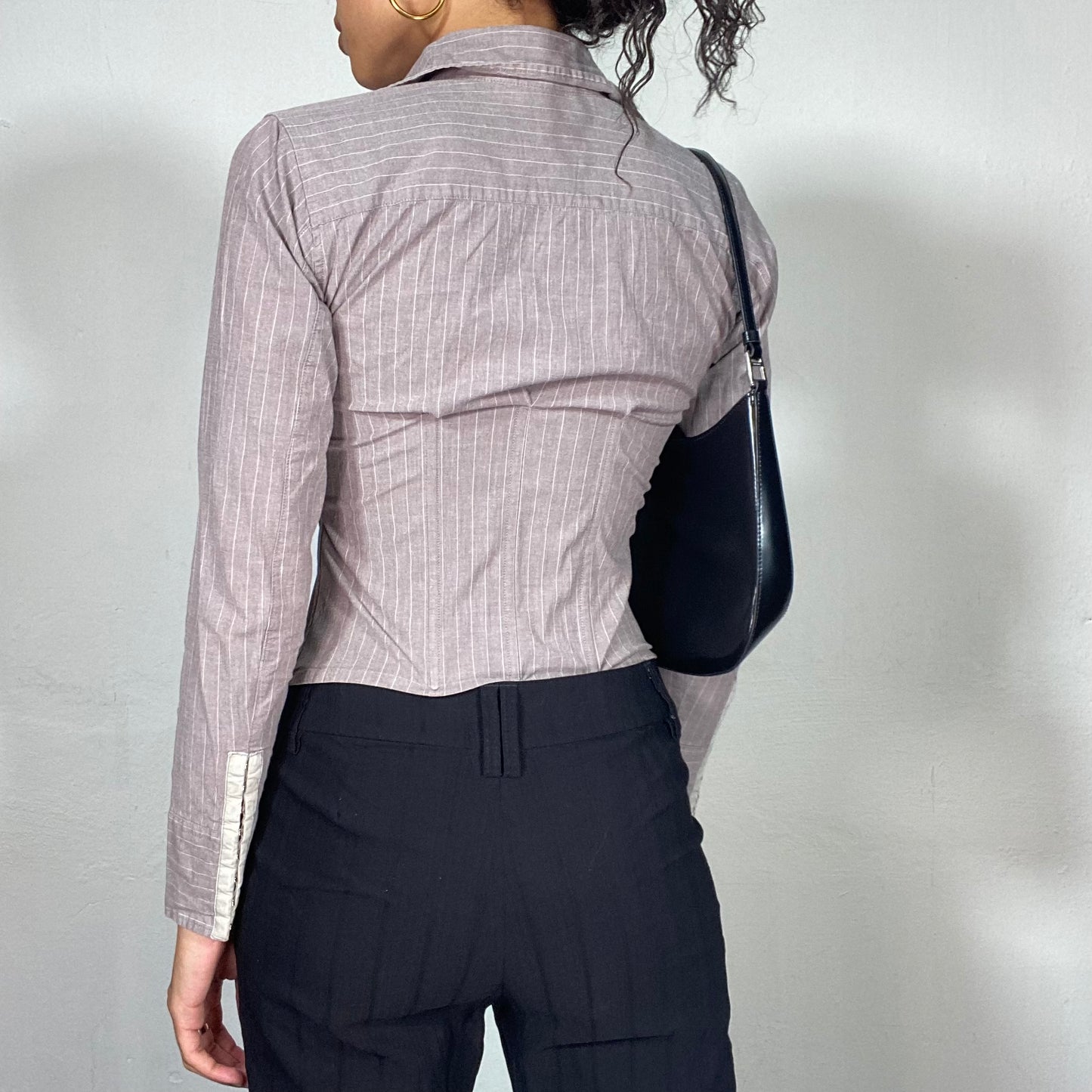 Vintage 2000's Model of Duty Grey Pinstripes Shirt with Silver Hook Closure(S)