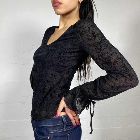 Vintage 90's Vampy Girl Black Longsleeve Blouse with Lace Up Detail (S)